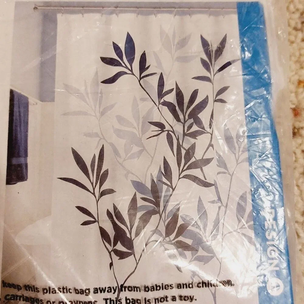 Eucalyptus Leaves Fabric Shower Curtain White & Navy Blue NWT Nature 72 x 72
